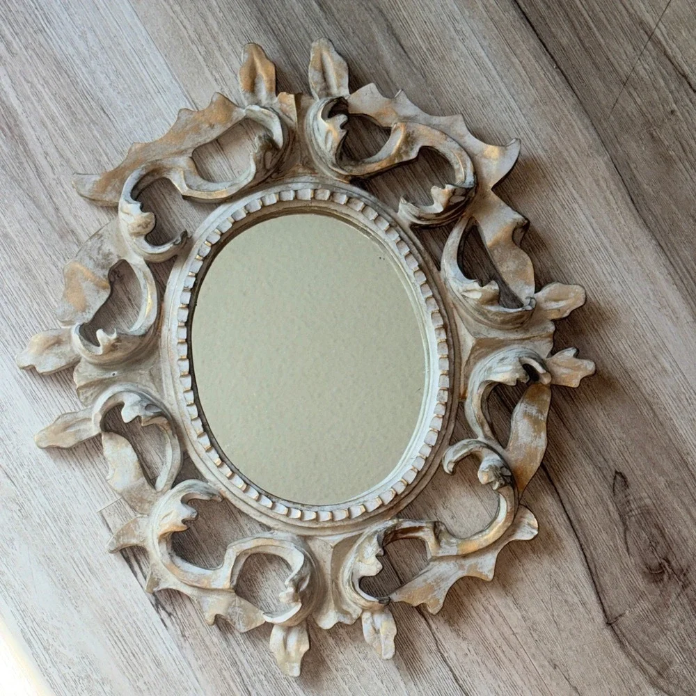 Vtg Cream/Gold Ornate Oval Wall Mirror Baroque/Hollywood Regency Style 15x12.5